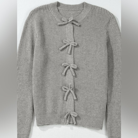 Bow Round Neck Long Sleeve Cardigan - Picture 6 of 8